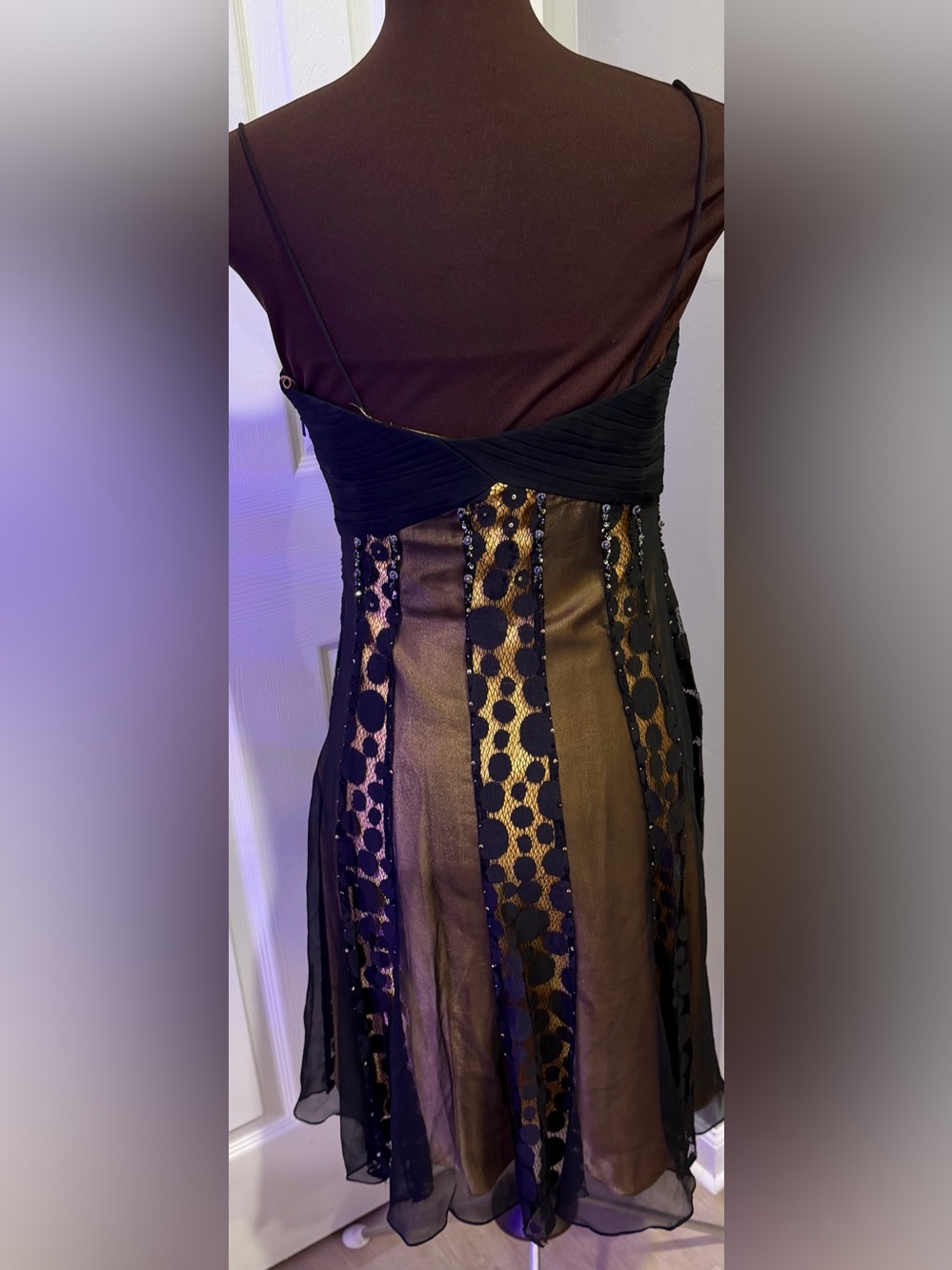 Faviana Black and Gold Beaded Lace Panel Prom Dress